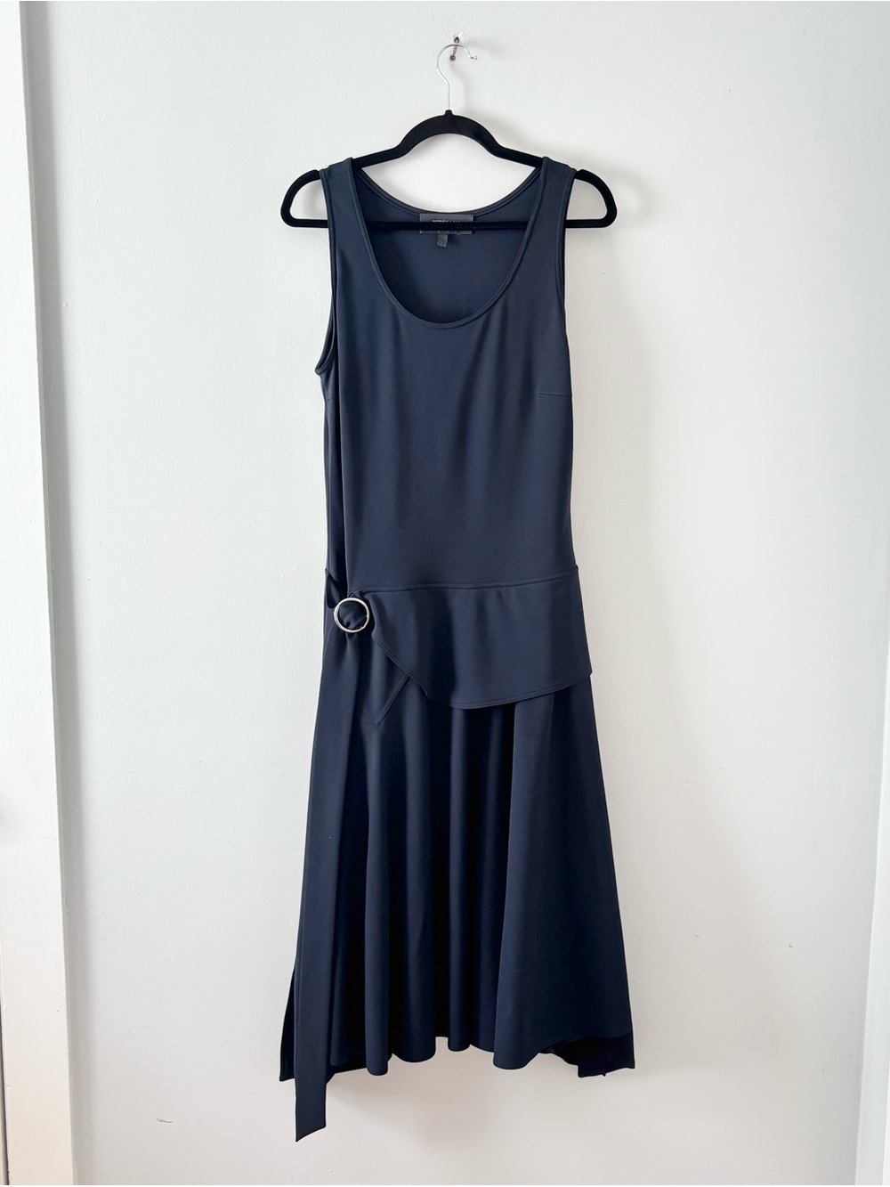 Derek Lam Belted Waist Tie Scoop Neck Midi Dress Crepe Drapey Sleeveless Navy